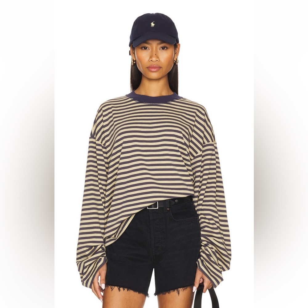 Lioness Bloom Navy and Tan Striped Long Sleeve Tee